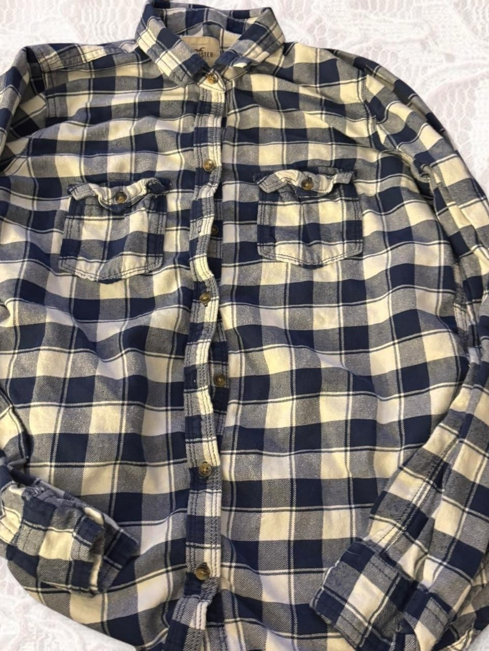 Hollister Navy and Cream Plaid Button-Down Shirt